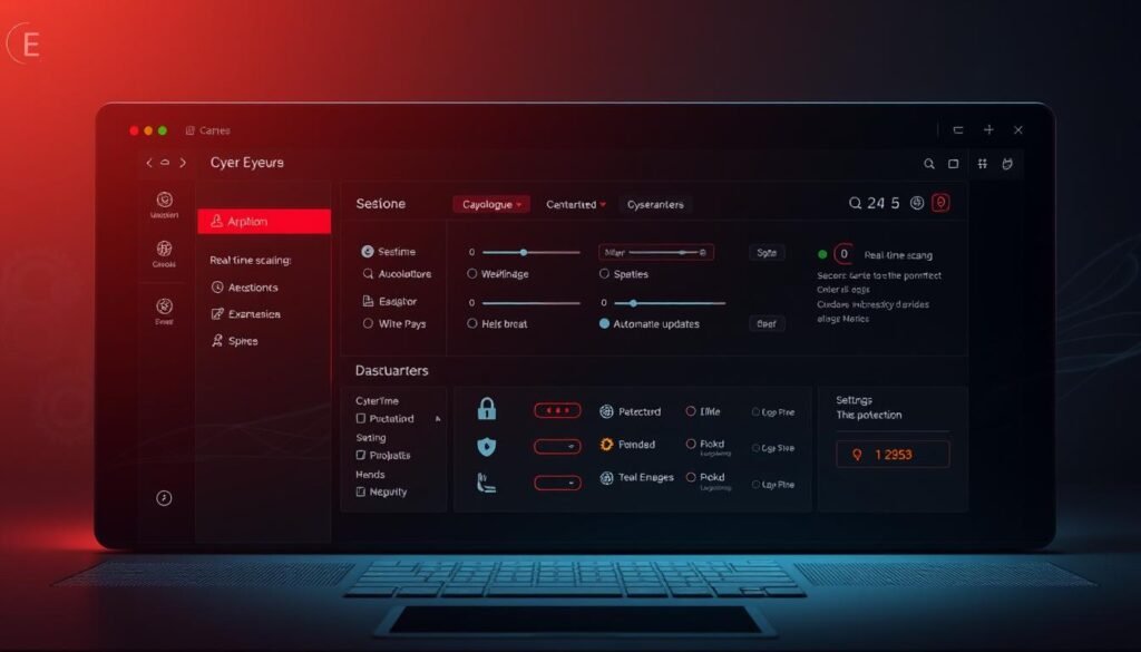 A sleek, minimalist desktop interface with a central security dashboard. The background features a subtle pattern of interlocking gears, hinting at the intricate mechanisms powering the system. In the foreground, a series of toggles, sliders, and buttons allow the user to configure various virus and threat protection settings, such as real-time scanning, automatic updates, and quarantine options. Soft, directional lighting casts a warm, reassuring glow over the scene, conveying a sense of control and security. The overall mood is one of professionalism and technological sophistication, befitting the high-stakes world of cybersecurity in the year 2025.