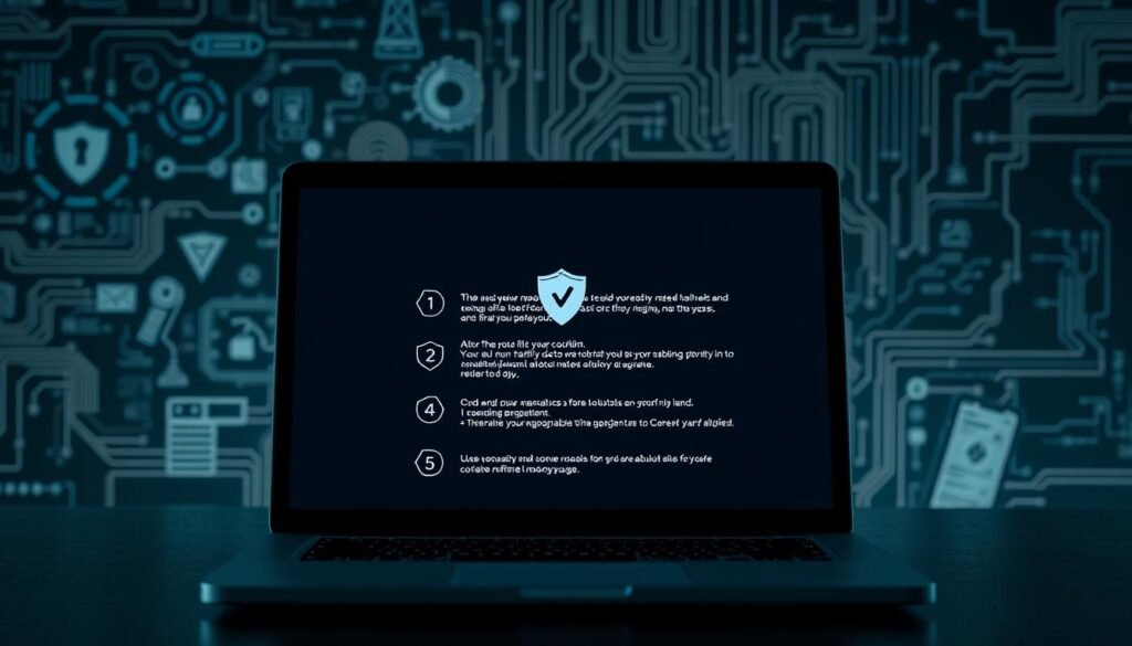 A sleek, minimalist desktop interface with a focused display showcasing step-by-step malware removal instructions. In the foreground, a laptop screen displays a clean, well-organized set of numbered steps, conveying a sense of methodical problem-solving. The middle ground features various cybersecurity icons and symbols, including an antivirus shield, a wrench, and diagnostic data visualizations, all rendered in a muted, professional color palette. The background subtly blends technical diagrams, circuit board patterns, and a faint grid-like structure, creating an atmosphere of technological expertise and precision. Soft, directional lighting illuminates the scene, emphasizing the importance and seriousness of the task at hand. A sleek, minimalist desktop interface with a focused display showcasing step-by-step malware removal instructions. In the foreground, a laptop screen displays a clean, well-organized set of numbered steps, conveying a sense of methodical problem-solving. The middle ground features various cybersecurity icons and symbols, including an antivirus shield, a wrench, and diagnostic data visualizations, all rendered in a muted, professional color palette. The background subtly blends technical diagrams, circuit board patterns, and a faint grid-like structure, creating an atmosphere of technological expertise and precision. Soft, directional lighting illuminates the scene, emphasizing the importance and seriousness of the task at hand.