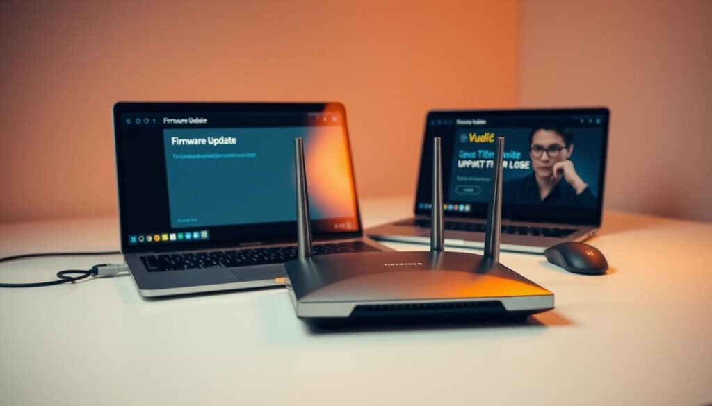 A sleek, minimalist desktop setup with a laptop, mouse, and router. The router is the focal point, its metallic exterior gleaming under warm, diffused lighting. The laptop's screen displays a firmware update interface, reflecting the user's focused expression. The background is a soft, neutral tone, keeping the attention on the task at hand. The overall scene conveys a sense of efficiency and attention to detail, mirroring the process of securely updating a router's firmware.