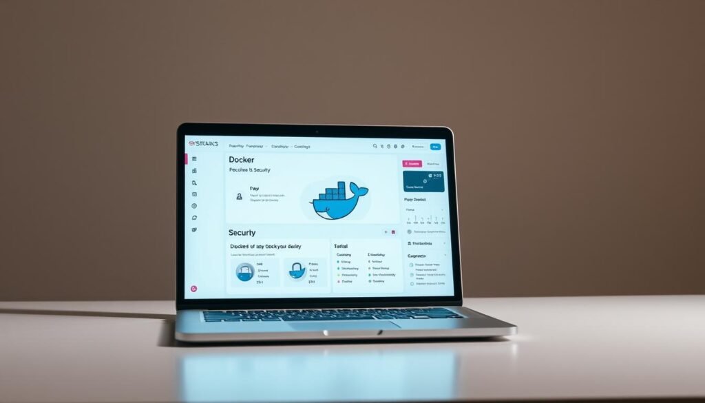 A sleek, minimalist desktop workspace with a laptop displaying a Docker-themed dashboard. The laptop is placed on a clean, uncluttered table, illuminated by soft, indirect lighting, creating a professional and secure atmosphere. The Docker logo and relevant security-focused icons are prominently featured on the screen, emphasizing the focus on securing the Docker daemon. The background is a muted, neutral color, allowing the laptop and its contents to be the central focus of the image. A sleek, minimalist desktop workspace with a laptop displaying a Docker-themed dashboard. The laptop is placed on a clean, uncluttered table, illuminated by soft, indirect lighting, creating a professional and secure atmosphere. The Docker logo and relevant security-focused icons are prominently featured on the screen, emphasizing the focus on securing the Docker daemon. The background is a muted, neutral color, allowing the laptop and its contents to be the central focus of the image.