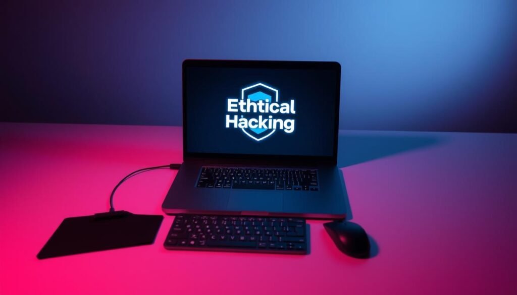 A sleek, minimalist desktop workspace with a laptop, keyboard, and mouse. Soft, directional lighting illuminates the scene, casting subtle shadows. The laptop screen displays a stylized "Ethical Hacking" logo, conveying the introduction to this cybersecurity discipline. The background is a muted, gradient-based pattern, creating a clean, professional atmosphere. The overall composition emphasizes simplicity, focus, and the core concept of ethical hacking as a subject of study.