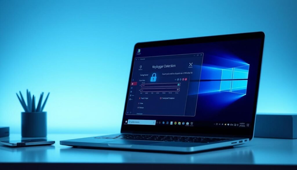 A sleek, minimalist desktop workspace with a laptop prominently displayed, showcasing an active Windows 10 operating system. On the laptop screen, a transparent overlay of a keylogger detection application is visible, highlighting its interface and functionality. The scene is bathed in a soft, cool-toned lighting, creating a professional and technical atmosphere. The overall composition emphasizes the importance of cybersecurity and the need to proactively protect one's digital environment from potential threats like keyloggers.