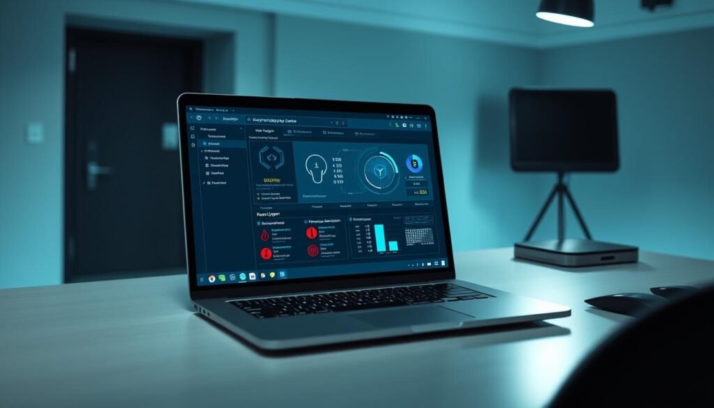 A sleek, minimalist desktop workspace with a laptop prominently displayed, showcasing an active keylogger detection software interface. The screen's display features a clean, modern design with intuitive visualizations and monitoring tools, conveying a sense of vigilance and security. The laptop is set against a slightly blurred, elegant background, creating a sophisticated and professional atmosphere. Crisp, directional lighting accentuates the device's details, emphasizing the importance of this cybersecurity task. The overall scene evokes a sense of control and proactive defense against potential digital threats.