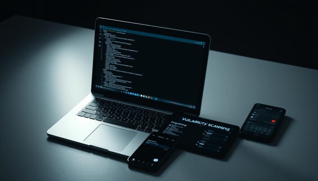 A sleek, minimalist desktop workspace with a laptop, tablet, and smartphone arranged neatly. The screen of the laptop displays a command line interface with lines of code and security alerts. The tablet shows a vulnerability scanning tool, while the smartphone displays a cybersecurity dashboard. Soft, indirect lighting illuminates the scene, creating a contemplative, focused atmosphere. The arrangement suggests the process of meticulously detecting and analyzing potential vulnerabilities in digital systems. Subtle shadows and reflections add depth and realism to the composition.