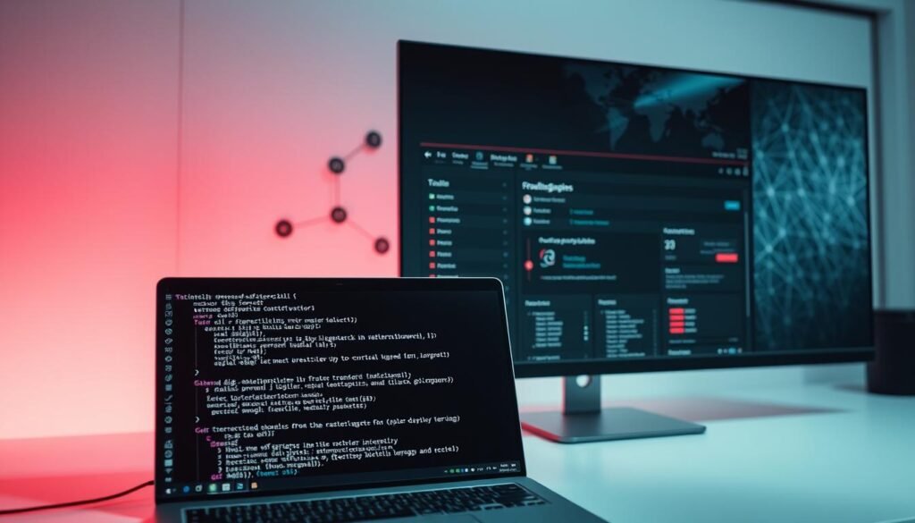 A sleek, minimalist desktop workspace with a large, high-resolution display showcasing various DNS-related tools and applications. In the foreground, a terminal window displays network configuration details and command line tools like dig, nslookup, and dnschecker. In the middle ground, a browser window depicts a DNS troubleshooting dashboard, providing a visual overview of DNS records, zone files, and potential issues. The background features a subtle, blurred network topology diagram, hinting at the interconnected nature of DNS infrastructure. The lighting is soft and diffused, creating a professional, task-oriented atmosphere. The camera angle is slightly elevated, giving a sense of control and analysis over the DNS landscape. A sleek, minimalist desktop workspace with a large, high-resolution display showcasing various DNS-related tools and applications. In the foreground, a terminal window displays network configuration details and command line tools like dig, nslookup, and dnschecker. In the middle ground, a browser window depicts a DNS troubleshooting dashboard, providing a visual overview of DNS records, zone files, and potential issues. The background features a subtle, blurred network topology diagram, hinting at the interconnected nature of DNS infrastructure. The lighting is soft and diffused, creating a professional, task-oriented atmosphere. The camera angle is slightly elevated, giving a sense of control and analysis over the DNS landscape.