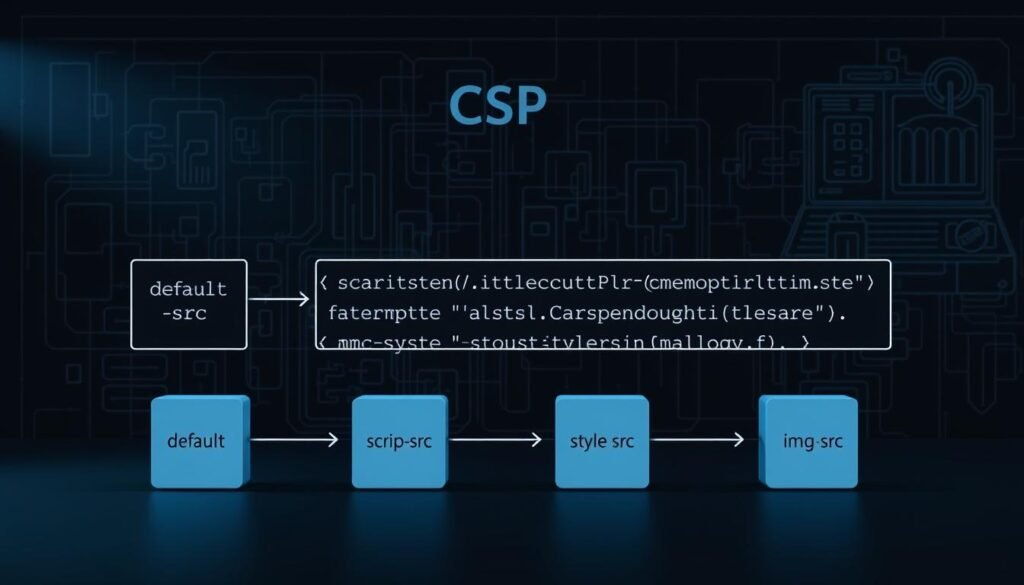 A sleek, minimalist diagram illustrating the step-by-step implementation of a Content Security Policy (CSP) header. The foreground features crisp, geometric icons representing the core CSP directives, including `default-src`, `script-src`, `style-src`, and `img-src`. The middle ground showcases a code snippet demonstrating the HTTP header format, with a focus on readability and clean syntax. The background presents a sophisticated, dark-toned technical blueprint, providing context and a sense of depth. Soft, directional lighting casts subtle shadows, enhancing the three-dimensional feel. The overall mood is one of professionalism, security, and technical mastery.