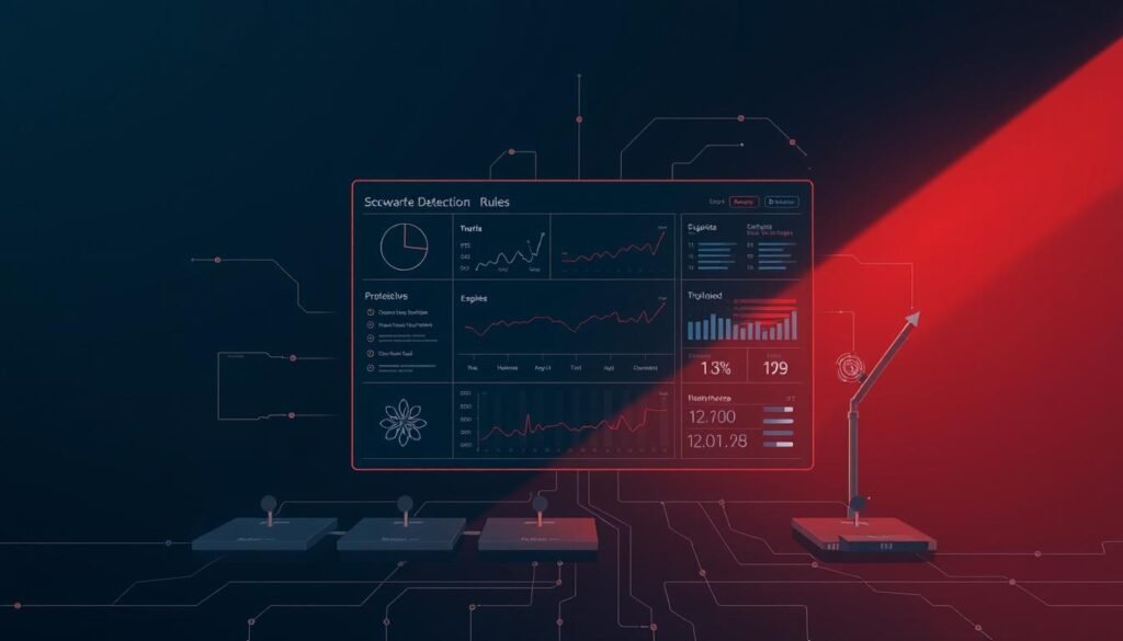 A sleek, minimalist diagram showcasing a network security monitoring dashboard. The foreground features a series of intuitive detection rules, represented by clean-lined icons and labels, conveying the core analytical tools of a cybersecurity specialist. The middle ground depicts a stylized, data-rich interface, with charts, graphs, and visual alerts providing real-time threat detection insights. The background subtly hints at a larger network topology, with elegant line work and muted colors evoking a sense of technological sophistication. Dramatic, directional lighting casts dramatic shadows, emphasizing the gravity and importance of the detection engineer's role in safeguarding the digital landscape. A sleek, minimalist diagram showcasing a network security monitoring dashboard. The foreground features a series of intuitive detection rules, represented by clean-lined icons and labels, conveying the core analytical tools of a cybersecurity specialist. The middle ground depicts a stylized, data-rich interface, with charts, graphs, and visual alerts providing real-time threat detection insights. The background subtly hints at a larger network topology, with elegant line work and muted colors evoking a sense of technological sophistication. Dramatic, directional lighting casts dramatic shadows, emphasizing the gravity and importance of the detection engineer's role in safeguarding the digital landscape.