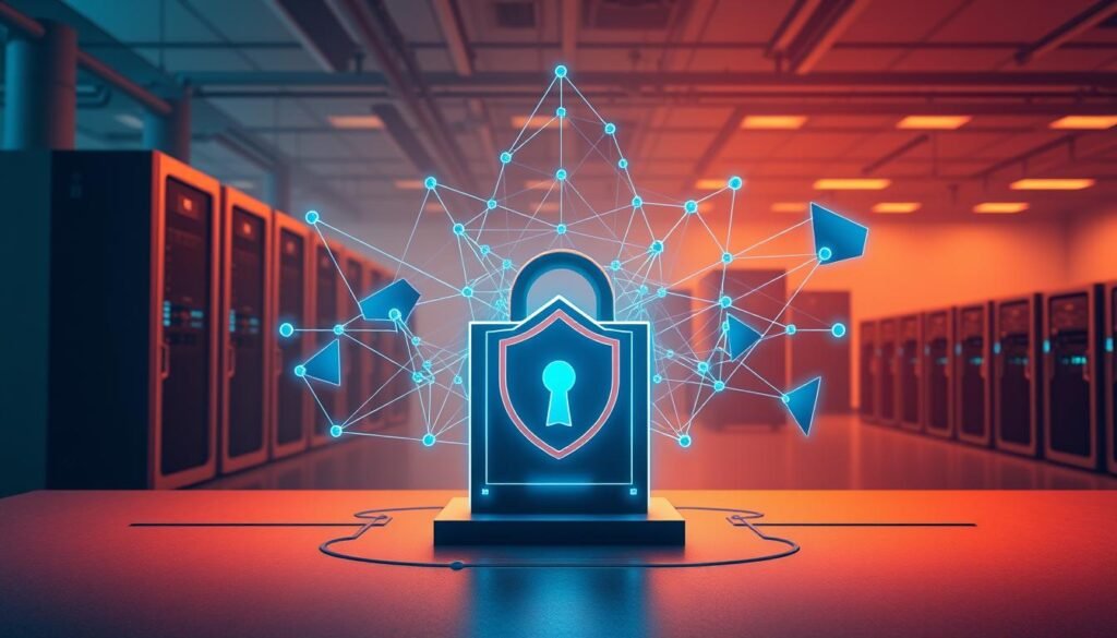 A sleek, minimalist diagram showcasing the key layers of network security, illuminated by warm, directional lighting that casts subtle shadows, creating depth and dimensionality. In the foreground, a stylized firewall stands resolute, its digital defenses pulsing with energy. Behind it, intricate network protocols intertwine, represented by geometric shapes and lines in shades of blue and green. In the background, a series of server racks and networking equipment hint at the infrastructure that underpins a secure network, all rendered in a muted, technical palette. The overall composition conveys a sense of order, control, and the careful balance required to protect a network from threats.