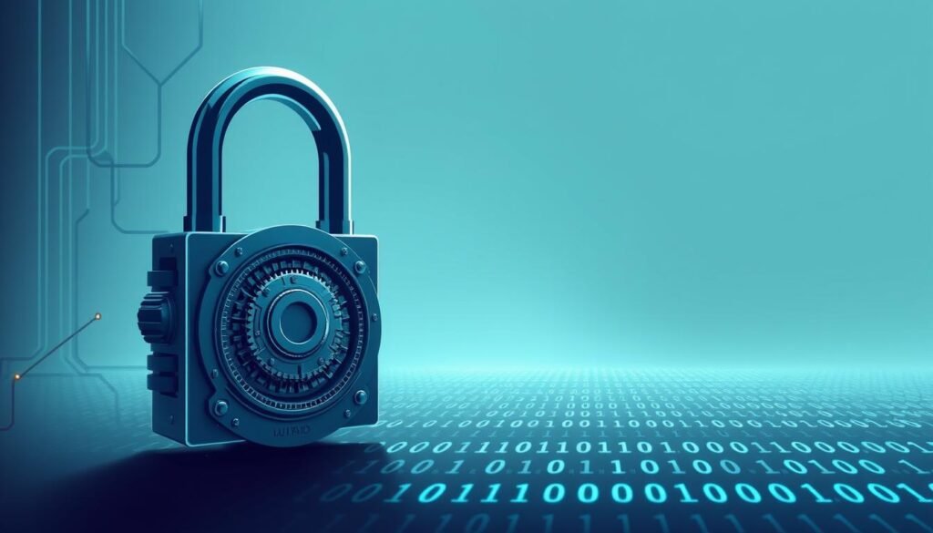 A sleek, minimalist digital illustration depicting the concept of data encryption. In the foreground, a sophisticated lock mechanism with intricate, futuristic gears and components, symbolizing the complex process of securing digital information. In the middle ground, a binary code landscape of 1s and 0s, representing the underlying structure of encrypted data. The background features a subtle, hazy gradient of cool, muted tones, creating a sense of depth and emphasizing the technical, high-tech nature of the subject matter. The overall composition conveys a sense of security, precision, and the invisible yet powerful workings of encryption technology.