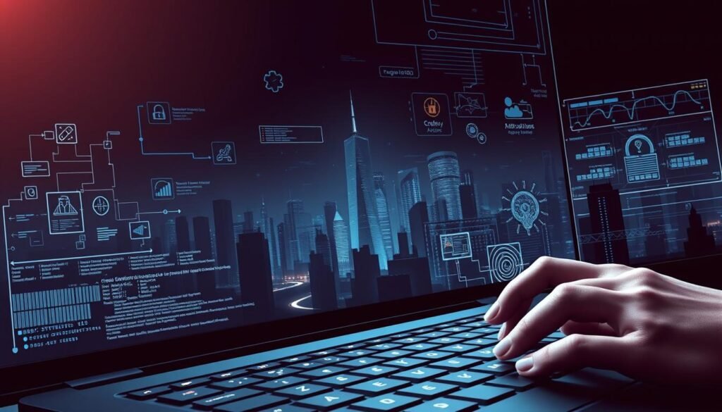 A sleek, minimalist digital illustration showcasing a range of cybersecurity skills. In the foreground, a hands-on keyboard interface with lines of code, firewall symbols, and cryptographic elements. In the middle ground, abstract data visualizations, network topologies, and security analytics dashboards. In the background, a dark, moody cityscape with silhouettes of skyscrapers and a glowing digital grid. Dramatic lighting creates depth and highlights the technical details. The overall atmosphere conveys the precise, analytical nature of the cybersecurity profession and the importance of specialized skills.