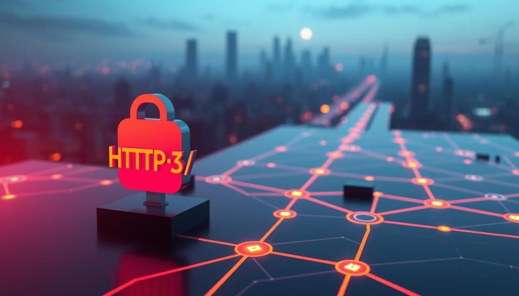 A sleek, minimalist digital landscape depicting the HTTP/3 protocol. In the foreground, a stylized 3D icon representing the HTTP/3 logo, rendered with clean lines and a vivid gradient. The middle ground features a series of interconnected nodes and pathways, symbolizing the efficient data transmission of the new protocol. The background showcases a dimly lit cityscape, hinting at the real-world applications and infrastructure that will benefit from the enhanced performance and security of HTTP/3. The scene is illuminated by a soft, warm glow, creating an atmosphere of technological advancement and innovation.