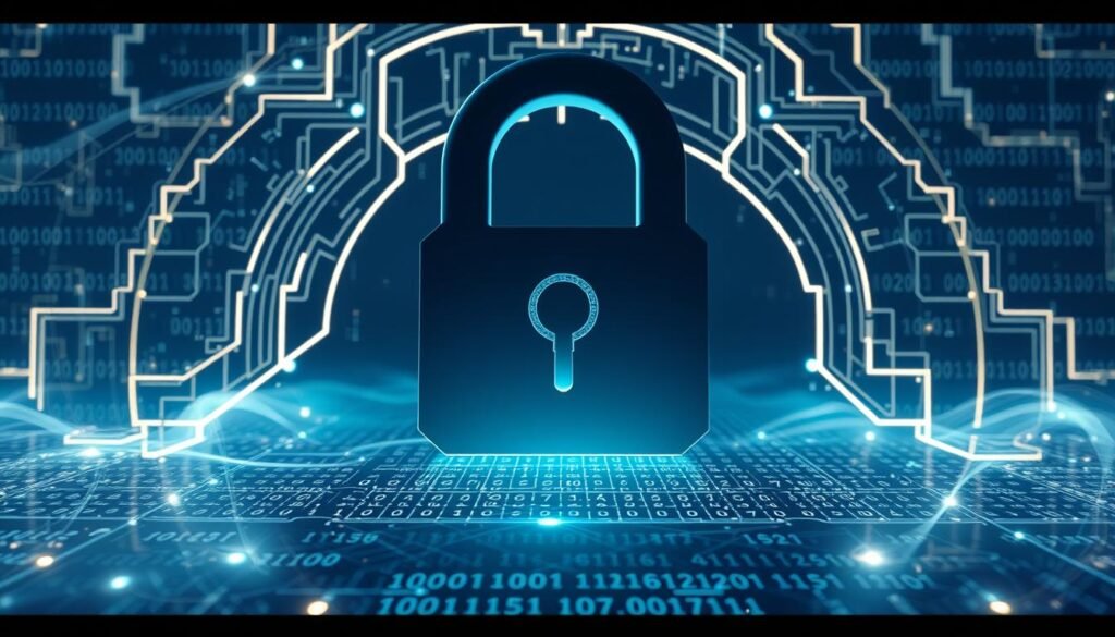 A sleek, minimalist digital lock mechanism with intricate, interlocking geometric patterns glowing with a soft, ethereal luminance. The foreground features a stylized, abstracted lock icon, its form seamlessly blending with the surrounding encrypted data streams swirling in shimmering, shifting lines of code. The middle ground showcases a subtle, holographic grid of binary digits and encrypted symbols, hinting at the complex mathematical principles powering the security system. The background is bathed in a cool, otherworldly gradient, evoking a sense of technological sophistication and digital mystique. Dramatic, high-contrast lighting casts dramatic shadows, emphasizing the depth and precision of the encrypted data landscape.