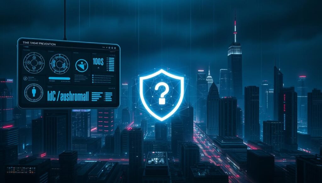 A sleek, minimalist digital security interface hovers in the foreground, displaying real-time threat monitoring and prevention tools. In the middle ground, a network of interconnected devices is shielded by a glowing, translucent forcefield, protecting against the encroaching tendrils of a looming botnet. The background features a dystopian cityscape, its skyscrapers and infrastructure shrouded in an ominous digital haze, conveying the urgency of the situation. Crisp, high-contrast lighting and a somber, monochromatic color palette imbue the scene with a sense of grave determination to thwart the unseen, malicious forces at work.