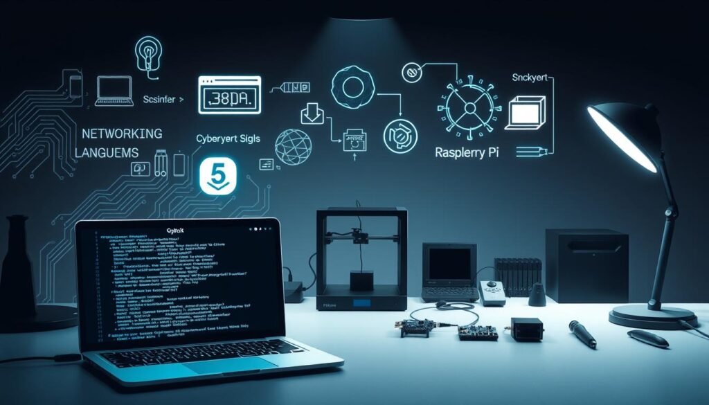 A sleek, minimalist digital workspace showcasing a variety of technical skills. In the foreground, a stylized laptop displays lines of code against a backdrop of abstract circuit board patterns. Holograms of programming languages, networking diagrams, and cybersecurity tools hover above the desk, illuminated by a soft, directional light that casts dramatic shadows. The middle ground features an array of high-tech devices, such as a 3D printer, a soldering iron, and a Raspberry Pi, arranged in a visually compelling layout. The background is a subdued, futuristic environment with muted tones, subtle textures, and a sense of technological sophistication, complementing the overall tone of technical mastery.