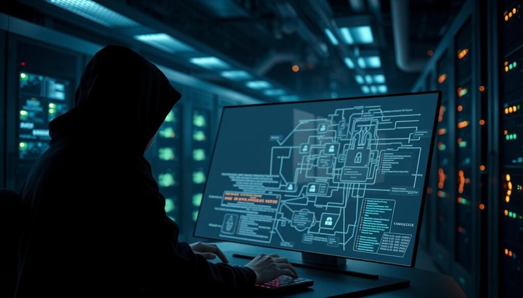 A sleek, minimalist digital workspace with a large, high-resolution display. In the foreground, a skilled hacker's hands deftly manipulate lines of code, exploiting vulnerabilities in the authentication system. The middle ground features a complex network diagram, with data streams and security protocols visually represented. In the background, a dimly lit server room, filled with the soft glow of blinking lights, signifying the underlying infrastructure being compromised. The overall atmosphere is one of technical mastery, tension, and the subversion of secure systems.