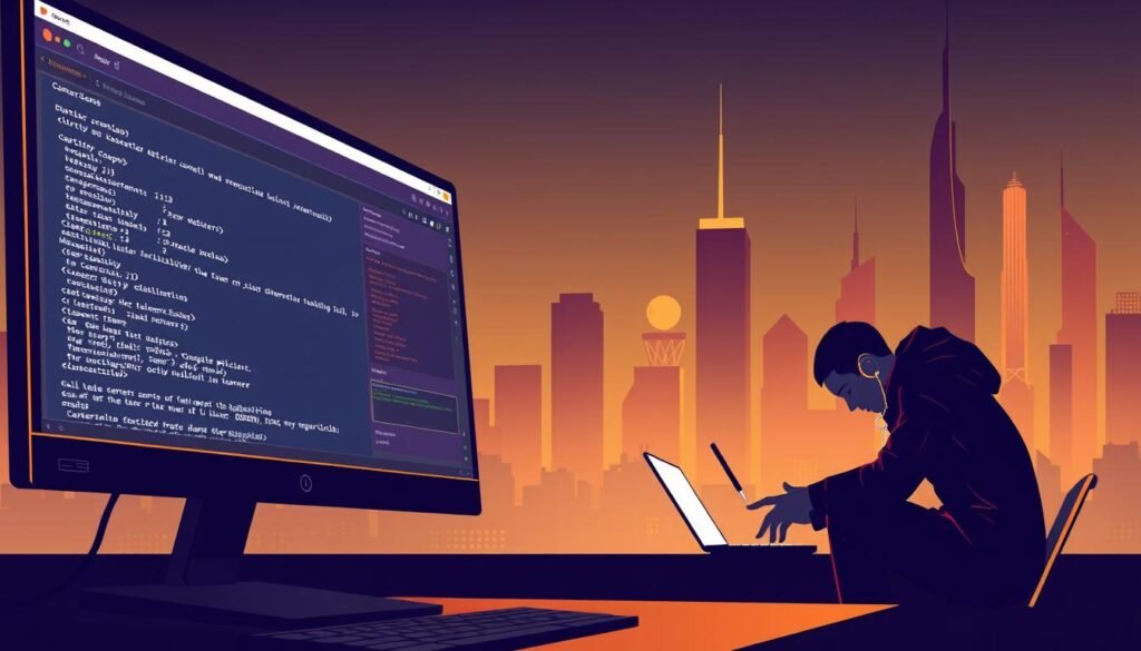 A sleek, minimalist illustration of the concept of bug bounty programs. In the foreground, a computer screen displays a bug report interface, with detailed information about a vulnerability submission. In the middle ground, a developer hunched over a laptop, intently focused on analyzing the bug and crafting a fix. In the background, a stylized cityscape with towering skyscrapers, representing the scale and impact of bug bounty programs on the tech industry. The scene is illuminated by a warm, ambient lighting, conveying a sense of diligence and professionalism in the pursuit of software security.