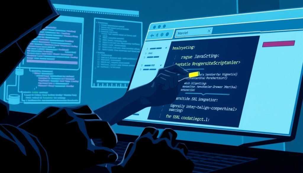 A sleek, minimalist illustration showcasing the contrast between SQL injection and cross-site scripting (XSS) vulnerabilities. In the foreground, a hacker's hand types malicious SQL code into a web form, while in the middle ground, another hand injects rogue JavaScript into a web page. The background features a stylized database schema and browser window, bathed in a cool, technocratic color palette. Lighting is dramatic, with harsh shadows emphasizing the severity of the threats. The overall mood conveys the gravity of these web application security flaws and the need for vigilance against such attacks.