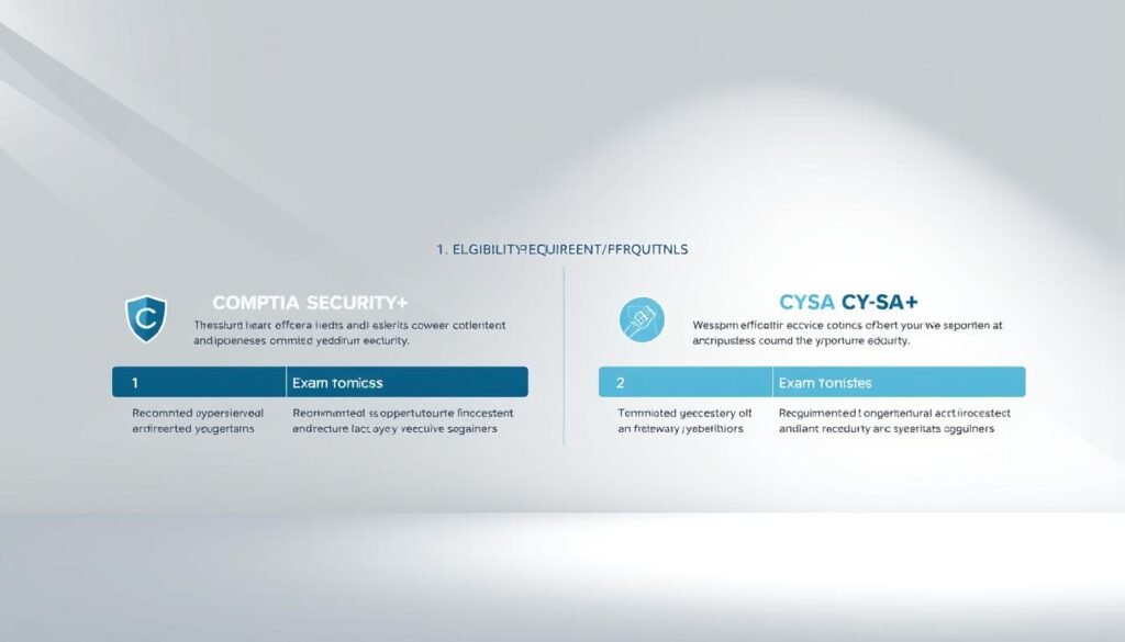 A sleek, minimalist infographic layout showcasing the eligibility requirements for the CompTIA Security+ and CySA+ certifications. In the foreground, clean icons and text callouts highlight the key criteria, such as recommended experience levels, exam topics, and any prerequisites. The middle ground features a sophisticated color palette of blues and grays, with subtle textures and gradients to create depth. The background is a simple white space, allowing the information to take center stage in a crisp, professional manner. Soft lighting from the top-left casts gentle shadows, lending an authoritative yet approachable tone to the entire scene.