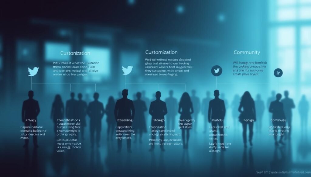 A sleek, minimalist infographic showcasing the strengths of various social media platforms. The foreground features clean, geometric shapes in muted tones representing key features like privacy, customization, and community. The middle ground displays silhouetted user icons, emphasizing the platforms' diverse user bases. The background is a softly blurred gradient, creating a sense of depth and focus on the central information. Lighting is even and subtle, with a cool, professional tone. The overall composition is well-balanced, drawing the viewer's eye to the core platform details in an accessible, visually striking manner.