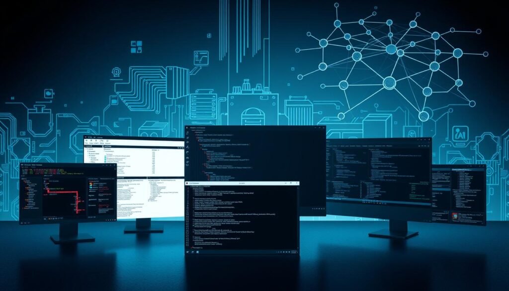 A sleek, minimalist interface showcasing a collection of essential ethical hacking tools. The foreground features various software windows and dashboards, each displaying detailed system information, network monitoring, and vulnerability scanning capabilities. The middle ground presents a clean, dark-themed command line terminal, hinting at the underlying technical depth. In the background, a series of stylized data visualizations and network topologies create a sense of depth and complexity. The overall aesthetic is sophisticated, with a balance of functionality and visual appeal, conveying the professional nature of ethical hacking practices. A sleek, minimalist interface showcasing a collection of essential ethical hacking tools. The foreground features various software windows and dashboards, each displaying detailed system information, network monitoring, and vulnerability scanning capabilities. The middle ground presents a clean, dark-themed command line terminal, hinting at the underlying technical depth. In the background, a series of stylized data visualizations and network topologies create a sense of depth and complexity. The overall aesthetic is sophisticated, with a balance of functionality and visual appeal, conveying the professional nature of ethical hacking practices.
