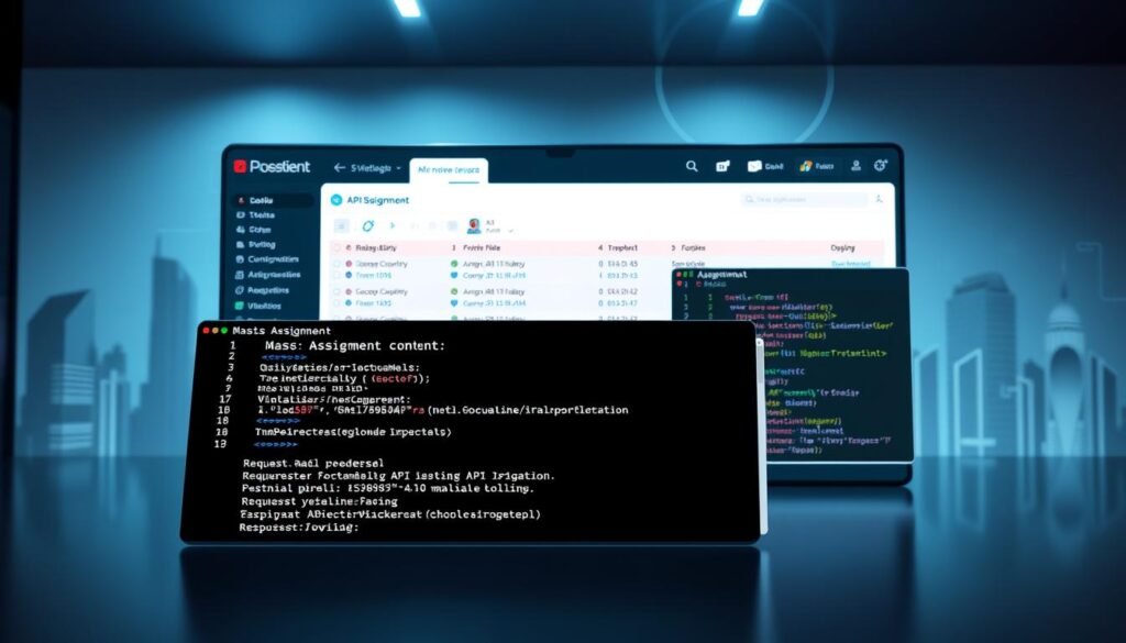 A sleek, minimalist interface showcasing a digital dashboard displaying various API endpoints. The foreground features a prominent "Mass Assignment" heading, with a detailed breakdown of the vulnerability - its definition, potential impact, and mitigation strategies. The middle ground depicts a Postman window showcasing the exploitation of the vulnerability, with request and response payloads clearly visible. The background subtly hints at the broader context of API security, with a low-poly cityscape or abstract geometric patterns providing a clean, contemporary aesthetic. Lighting is soft and directional, creating depth and highlighting the key elements. The overall mood is one of technical expertise and practical guidance, inviting the viewer to delve deeper into the API pen-testing workflow.