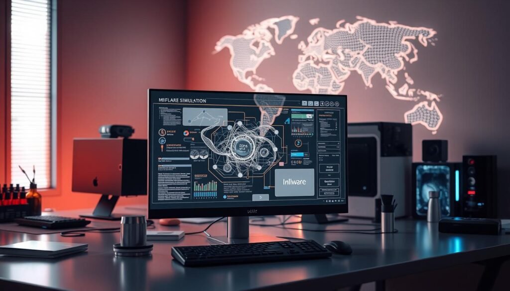 A sleek, minimalist laboratory setting with a sophisticated desktop computer and various analytical tools arranged neatly. The foreground showcases a large, transparent display screen depicting a complex malware simulation running within a secure virtual environment, surrounded by diagnostic data and visualizations. Subtle ambient lighting casts a warm, focused glow, creating an atmosphere of meticulous investigation. In the background, a stylized world map or network topology diagram suggests the global scale and interconnectivity of cybersecurity threats. The overall scene conveys a sense of analytical precision, technological advancement, and the proactive approach to understanding and mitigating malware behavior. A sleek, minimalist laboratory setting with a sophisticated desktop computer and various analytical tools arranged neatly. The foreground showcases a large, transparent display screen depicting a complex malware simulation running within a secure virtual environment, surrounded by diagnostic data and visualizations. Subtle ambient lighting casts a warm, focused glow, creating an atmosphere of meticulous investigation. In the background, a stylized world map or network topology diagram suggests the global scale and interconnectivity of cybersecurity threats. The overall scene conveys a sense of analytical precision, technological advancement, and the proactive approach to understanding and mitigating malware behavior.