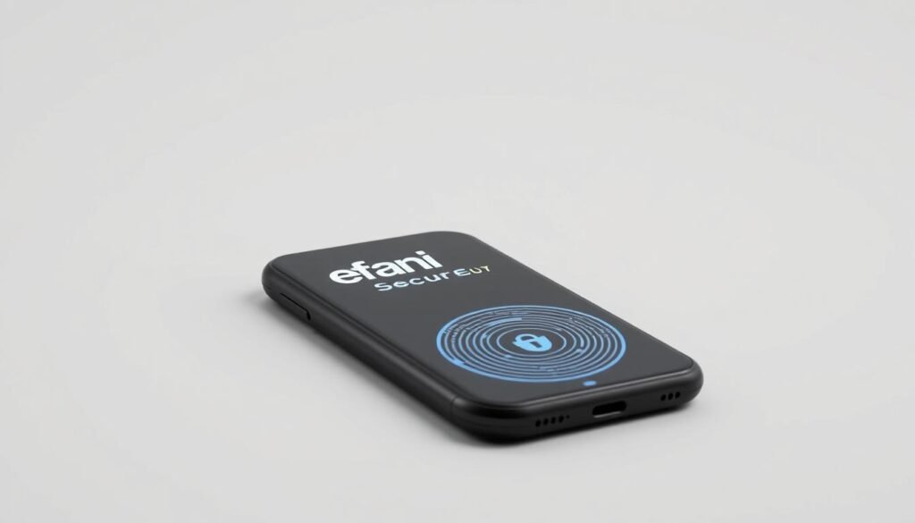 A sleek, minimalist mobile phone with a matte black chassis, reflecting soft overhead lighting. The screen displays the bold, futuristic "Efani Secure" branding, with a subtle pattern of concentric circles suggesting advanced security features. The device is slightly angled, creating dynamic visual interest. The background is a clean, white studio environment, allowing the phone to be the focal point. Subtle shadows and highlights accentuate the phone's elegant design. The overall mood is professional, contemporary, and conveys a sense of trust and reliability in the secure mobile solution.