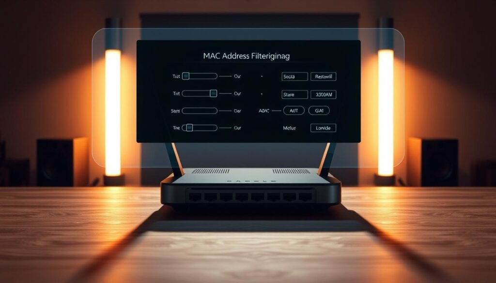 A sleek, minimalist network router sitting on a wooden desk, casting soft shadows. In the foreground, a holographic display hovers, showcasing a MAC address filtering interface with toggles, sliders, and dropdown menus. The backdrop is a sophisticated, monochromatic workspace, with clean lines and a subtle industrial feel. Warm, directional lighting highlights the router's metallic accents, creating a sense of depth and focus on the filtering controls. The overall mood is one of efficiency, control, and technological prowess, conveying the power of securing a network by selectively granting access based on MAC addresses.