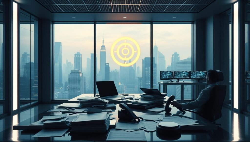 A sleek, minimalist office interior with a large window overlooking a bustling city skyline. In the foreground, a businessperson's desk is littered with documents, laptops, and a ringing phone, conveying a sense of crisis and disruption. The middle ground features security camera footage, financial reports, and legal documents, hinting at the fallout from a data breach. The background is shrouded in ominous shadows, with glowing computer screens and the faint outline of a target symbol, symbolizing the scale and impact of the incident. The lighting is harsh and dramatic, creating a sense of tension and unease. The overall scene reflects the gravity of the situation and the significant legal, financial, and reputational costs faced by the business.