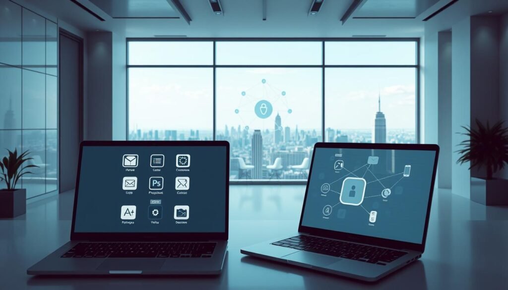 A sleek, minimalist office interior with clean lines and a bright, airy atmosphere. In the foreground, a laptop displays a series of application icons, each enclosed within a clearly defined white boundary - the visual representation of an application whitelisting security framework. The middle ground features a network diagram, illustrating the interconnectivity of devices and services under a zero-trust architecture. In the background, a large window offers a panoramic view of a bustling city skyline, symbolizing the expansive, boundless nature of the modern digital landscape. The lighting is soft and natural, creating a sense of calm and control, while the overall composition conveys a strong sense of security, efficiency, and technological sophistication.