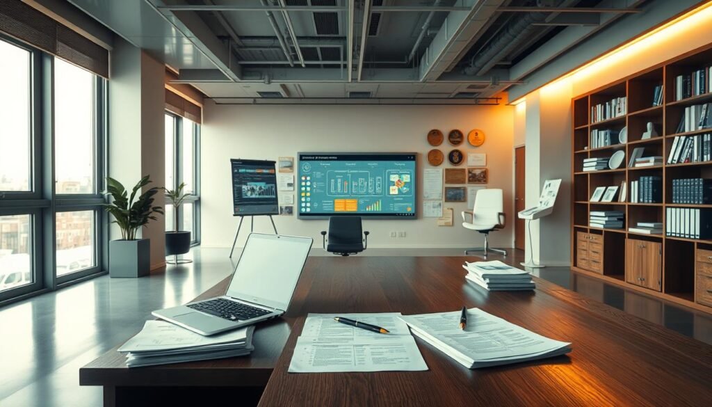 A sleek, minimalist office interior with floor-to-ceiling windows, bathed in warm, diffused lighting. In the foreground, a sturdy wooden desk with a laptop, pen, and a stack of reports. On the desk, a state-of-the-art security monitoring console displays real-time data and alerts. The middle ground features ergonomic chairs and a large, interactive whiteboard showcasing a cybersecurity framework. In the background, a bookshelf filled with technical manuals and certifications, along with award plaques recognizing the organization's commitment to information security. The atmosphere exudes a sense of professionalism, control, and a proactive approach to safeguarding the company's assets.