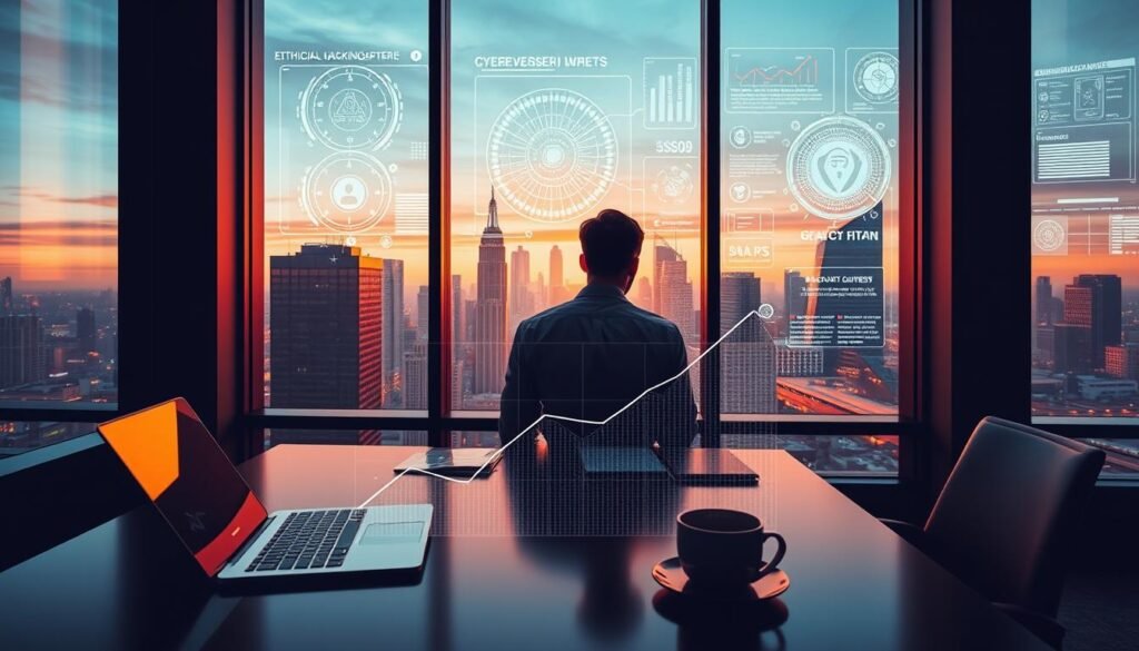 A sleek, minimalist office interior with large windows overlooking a bustling city skyline. In the foreground, a desk with a laptop, coffee mug, and a stylized graph depicting the growth trajectory of an ethical hacking career. The middle ground features a person, dressed in professional attire, intently studying cybersecurity reports and schematics. The background showcases futuristic, holographic displays highlighting various cybersecurity threats and defense strategies. The scene is bathed in a warm, directional lighting that casts dramatic shadows, conveying a sense of focused determination and the dynamic nature of the ethical hacking field.