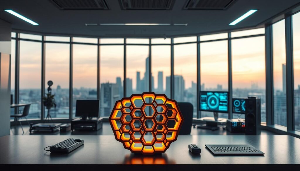 A sleek, minimalist office interior with large windows overlooking a city skyline. In the foreground, an intricately designed honeycomb-shaped structure sits prominently on a desk, its amber-hued glow casting a warm, inviting ambiance. The middle ground features various cybersecurity tools and hardware, hinting at the device's purpose as a honeypot for network monitoring and threat detection. The background showcases a clean, modern aesthetic with subtle nods to technology, such as glowing displays and sophisticated lighting. The scene conveys a sense of professionalism, innovation, and the importance of strategic security measures.