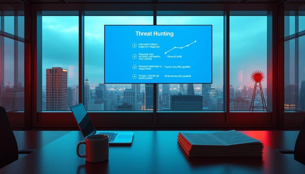 A sleek, minimalist office interior with large windows overlooking a cityscape. In the foreground, a desk with a laptop, coffee mug, and a stack of papers labeled "Threat Hunting". On the wall, a digital display shows a graph highlighting the benefits of threat hunting, such as improved incident response, reduced risk, and enhanced security posture. The lighting is warm and natural, creating a focused, professional atmosphere. The scene conveys the importance of threat hunting in blue team operations, with a clean and visually appealing design.