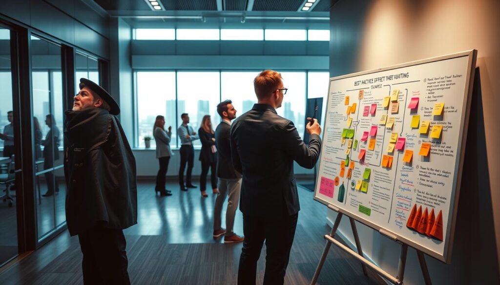 A sleek, minimalist office setting with a large whiteboard in the foreground, showcasing a visual representation of the "Best Practices for Effective Threat Hunting". The board is filled with colorful sticky notes, diagrams, and bullet points, providing a clear and organized structure for the process. In the middle ground, a team of cybersecurity professionals, dressed in professional attire, are intently studying the whiteboard, engaged in a collaborative discussion. The background features a panoramic window, allowing natural light to pour in and create a sense of openness and clarity. The overall atmosphere is one of focus, professionalism, and a commitment to effective threat hunting strategies.