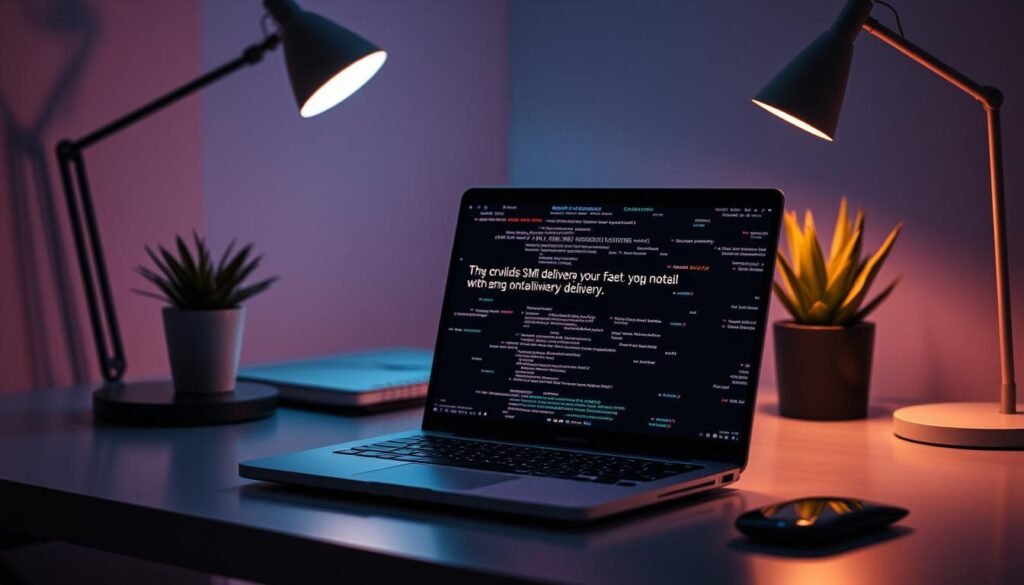 A sleek, minimalist office workspace with a laptop displaying a frustrated error message, conveying the issues with email delivery. The laptop's screen shows a glitch-like pattern, hinting at a technical problem. The desk is neat and tidy, with a modern lamp and a potted plant, creating a professional yet distressed atmosphere. Soft, warm lighting casts shadows, emphasizing the tension of the scene. The overall composition suggests the challenges of troubleshooting a misconfigured SMTP server that is causing email delivery problems. A sleek, minimalist office workspace with a laptop displaying a frustrated error message, conveying the issues with email delivery. The laptop's screen shows a glitch-like pattern, hinting at a technical problem. The desk is neat and tidy, with a modern lamp and a potted plant, creating a professional yet distressed atmosphere. Soft, warm lighting casts shadows, emphasizing the tension of the scene. The overall composition suggests the challenges of troubleshooting a misconfigured SMTP server that is causing email delivery problems.