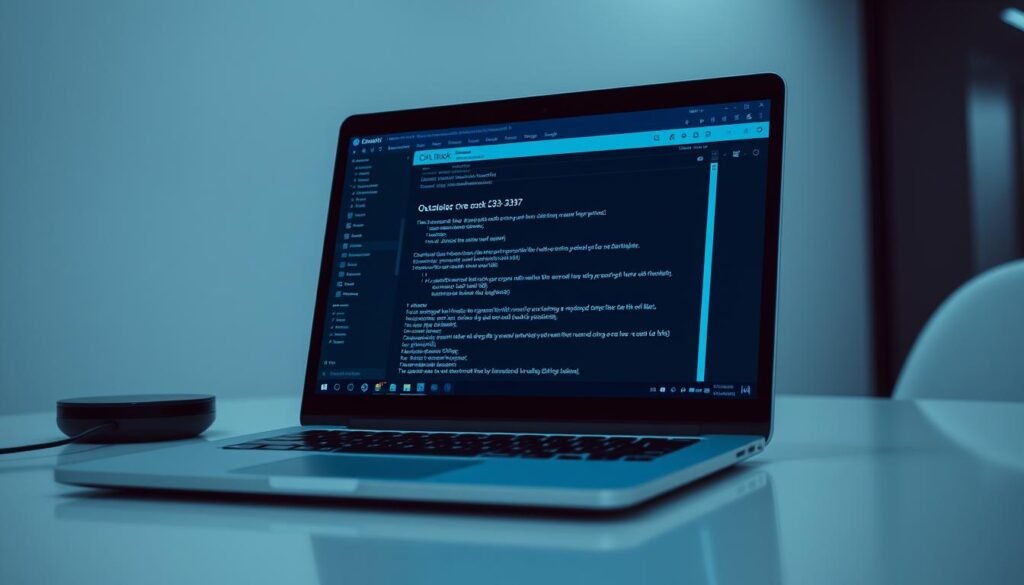 A sleek, minimalist office workspace with a laptop prominently displayed, showcasing the Microsoft Outlook application. The laptop screen depicts a security vulnerability notification, with lines of code and technical details hinting at the CVE-2023-23397 exploit. Soft, directional lighting from the side creates depth and highlights the laptop's glossy surface, drawing the viewer's attention to the critical issue at hand. The overall scene conveys a sense of unease and the need for immediate attention to address this Microsoft Outlook vulnerability.