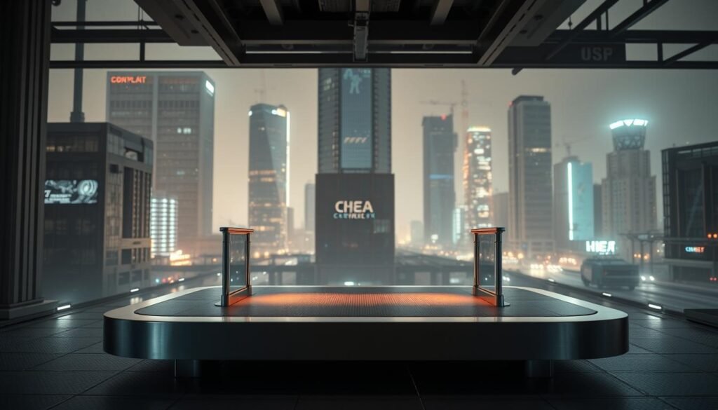 A sleek, minimalist platform made of smooth, polished metal and glass, set against a backdrop of a modern, industrial cityscape. The platform is raised slightly off the ground, with clean lines and a minimalist design that conveys a sense of efficiency and technology. Soft, diffused lighting illuminates the scene, creating a warm and inviting atmosphere. The perspective is from a low angle, emphasizing the platform's sturdy and reliable nature. The overall composition suggests a sense of progress, innovation, and the convergence of technology and infrastructure. A sleek, minimalist platform made of smooth, polished metal and glass, set against a backdrop of a modern, industrial cityscape. The platform is raised slightly off the ground, with clean lines and a minimalist design that conveys a sense of efficiency and technology. Soft, diffused lighting illuminates the scene, creating a warm and inviting atmosphere. The perspective is from a low angle, emphasizing the platform's sturdy and reliable nature. The overall composition suggests a sense of progress, innovation, and the convergence of technology and infrastructure.