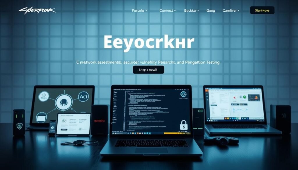 A sleek, minimalist portfolio website showcasing a range of ethical hacking projects. The foreground displays various icons and UI elements representing network security assessments, vulnerability research, and penetration testing. The middle ground features laptop screens displaying code, network diagrams, and security dashboards. The background has a subtle grid pattern, symbolizing the structured, analytical nature of ethical hacking. Lighting is soft and diffused, creating a professional, focused atmosphere. The overall composition conveys a sense of expertise, attention to detail, and a commitment to responsible cybersecurity practices.