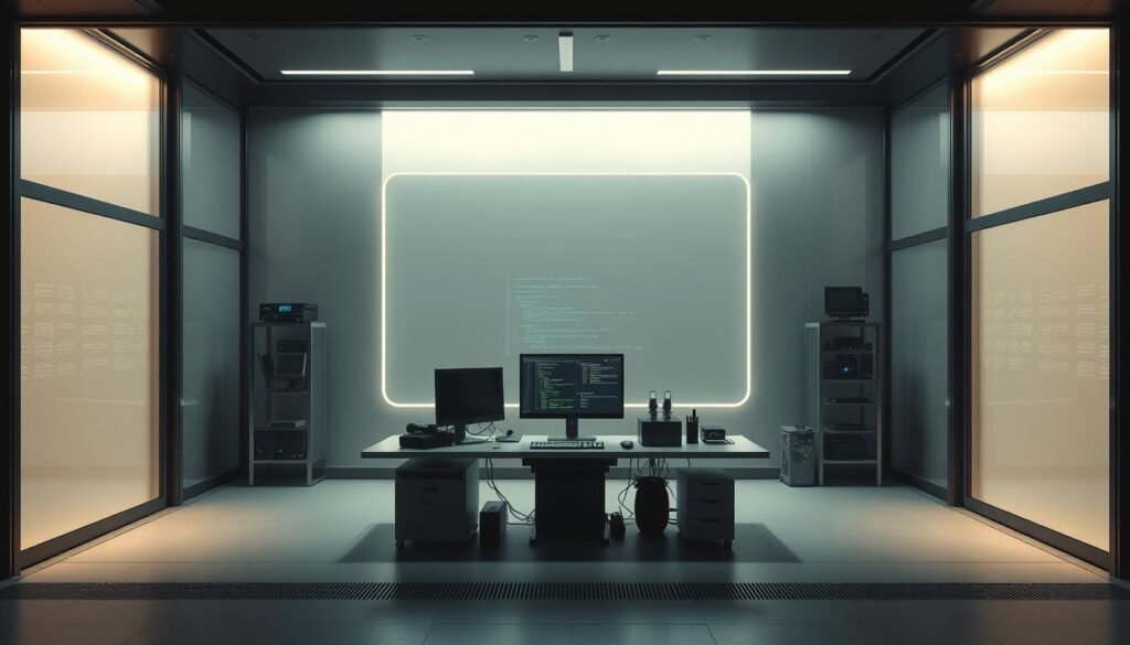 A sleek, minimalist sandbox environment with a sense of order and control. A glass-enclosed workspace with clean lines and muted tones, bathed in soft, diffused lighting that creates a calm, contemplative atmosphere. The foreground features a stylized, low-profile workstation with a state-of-the-art computer and monitoring equipment, surrounded by an array of tools and instruments. The middle ground showcases a large, unobstructed viewing window, providing a clear view of the system under observation. The background depicts a serene, distraction-free setting, hinting at the precision and focus required for effective malware analysis. A sleek, minimalist sandbox environment with a sense of order and control. A glass-enclosed workspace with clean lines and muted tones, bathed in soft, diffused lighting that creates a calm, contemplative atmosphere. The foreground features a stylized, low-profile workstation with a state-of-the-art computer and monitoring equipment, surrounded by an array of tools and instruments. The middle ground showcases a large, unobstructed viewing window, providing a clear view of the system under observation. The background depicts a serene, distraction-free setting, hinting at the precision and focus required for effective malware analysis.
