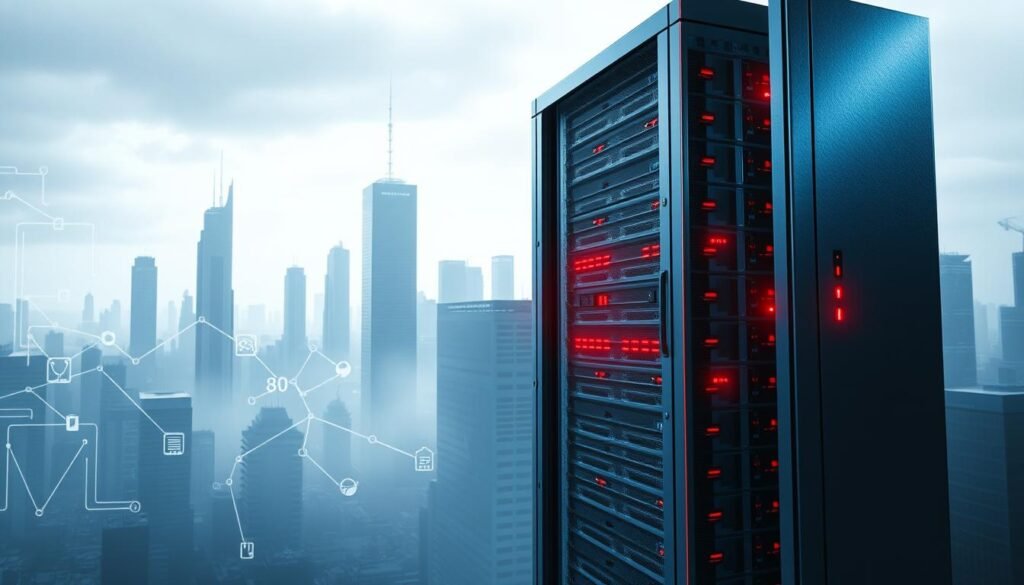 A sleek, minimalist server rack stands prominently in the foreground, its metallic exterior gleaming under the cool, directional lighting. Scattered throughout the rack, red indicator lights flash, signaling open network ports - potential vulnerabilities that could be exploited by malicious actors. The middle ground is hazy, filled with abstract data visualizations and ominous wire frames, hinting at the complex web of interconnected systems. In the background, a stark, monochrome cityscape stretches out, its towering skyscrapers and anonymous architecture conveying a sense of vulnerability and the need for robust cybersecurity measures. The overall mood is one of urgency and technological unease, underscoring the importance of identifying and addressing unnecessary open ports on mission-critical servers. A sleek, minimalist server rack stands prominently in the foreground, its metallic exterior gleaming under the cool, directional lighting. Scattered throughout the rack, red indicator lights flash, signaling open network ports - potential vulnerabilities that could be exploited by malicious actors. The middle ground is hazy, filled with abstract data visualizations and ominous wire frames, hinting at the complex web of interconnected systems. In the background, a stark, monochrome cityscape stretches out, its towering skyscrapers and anonymous architecture conveying a sense of vulnerability and the need for robust cybersecurity measures. The overall mood is one of urgency and technological unease, underscoring the importance of identifying and addressing unnecessary open ports on mission-critical servers.