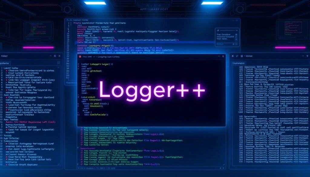 A sleek, minimalist software interface showcasing the "Logger++" extension, its name prominently displayed in a clean, monospace font. The interface features a dark, moody color scheme with splashes of vibrant hues, reflecting the tool's enhanced debugging capabilities. Subtle glowing accents and elegant line work add a sense of technicality and sophistication. The composition places the extension at the center, surrounded by a neatly organized array of debugging logs, function call stacks, and other relevant data, all rendered in a clear, easy-to-read format. The overall tone conveys a powerful, yet streamlined tool that empowers developers to delve deeper into their applications with precision and efficiency.
