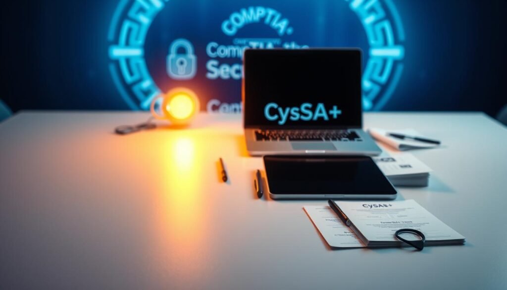 A sleek, minimalist table top with a laptop, tablet, and exam-related materials neatly arranged. The lighting is soft and diffused, creating a professional, academic atmosphere. In the background, a blurred representation of the CompTIA Security+ and CySA+ logos, symbolizing the focus of the exam details. The composition emphasizes the key exam components, conveying a sense of organization and preparation for the certification assessments.