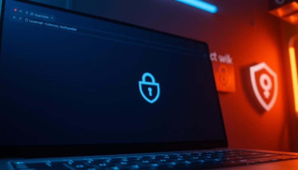 A sleek, minimalist web browser interface with a focus on security and privacy, illuminated by warm, directional lighting. The foreground showcases a single, elegant browser extension icon, representing the "extension strategy" of selective, lightweight tools. The middle ground features a clean, uncluttered browser window, hinting at a streamlined user experience. The background subtly suggests a sense of digital protection and control, without distracting from the central message.