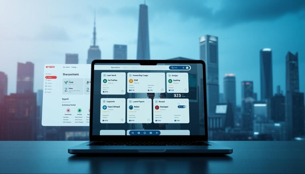 A sleek, minimalist website interface showcasing various bug bounty platforms. In the foreground, a laptop screen displays a dashboard with a clean layout, highlighting bug report submissions, leaderboards, and reward payouts. The middle ground features developers and cybersecurity experts collaborating on a shared workspace, their focused expressions conveying the thrill of the hunt. In the background, a cityscape with towering skyscrapers sets the scene, alluding to the global scale of the bug bounty ecosystem. Soft, directional lighting from the side creates depth and emphasizes the digital elements, while a muted color palette of blues and grays evokes a sense of professionalism and innovation.