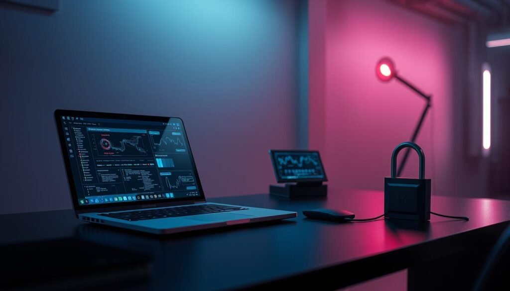 A sleek, minimalist workspace illuminated by a soft, ambient glow. On the desk, an array of cybersecurity tools stands ready - a gleaming laptop with a sophisticated interface, a network monitoring device displaying real-time data, and a compact, state-of-the-art hardware security key. The backdrop is a muted, industrial-inspired setting, conveying a sense of focus and professionalism. The scene exudes an air of authority and control, befitting the task of identifying and removing hidden threats from the system. A sleek, minimalist workspace illuminated by a soft, ambient glow. On the desk, an array of cybersecurity tools stands ready - a gleaming laptop with a sophisticated interface, a network monitoring device displaying real-time data, and a compact, state-of-the-art hardware security key. The backdrop is a muted, industrial-inspired setting, conveying a sense of focus and professionalism. The scene exudes an air of authority and control, befitting the task of identifying and removing hidden threats from the system.