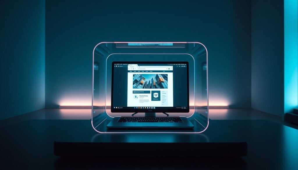A sleek, minimalist workspace with a laptop and monitor displaying a web browser in a translucent, isolated container. The display is enclosed in a futuristic glass or transparent shell, shielding it from external threats. The backdrop is a serene, minimalist environment with subtle lighting, creating a sense of security and focus. The overall tone is one of technological sophistication and cybersecurity, conveying the idea of a secure, isolated browsing experience.
