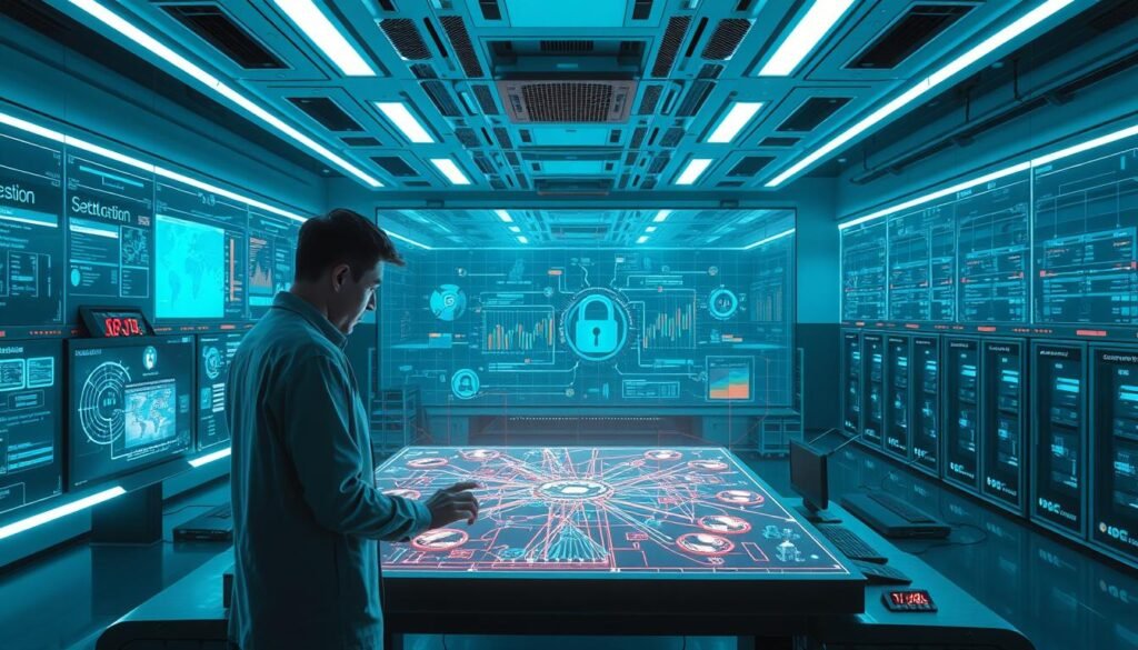 A sleek, minimalist workspace with an array of holographic displays and futuristic control panels. In the foreground, a security analyst examines a 3D model of a network architecture, meticulously tracing its pathways. Cutting-edge AI algorithms scour the digital landscape, autonomously identifying vulnerabilities and generating detailed reports. In the middle ground, a series of heatmaps and graphs visualize the threat landscape, highlighting the most critical areas for further investigation. The background is dominated by a vast, interconnected network of servers and routers, their status indicators pulsing with real-time data. The entire scene is bathed in a cool, blue-tinged lighting, conveying a sense of precision and technological prowess.