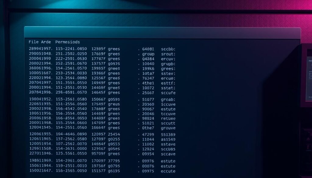 A sleek, modern Linux terminal window displays a detailed output of file and directory permissions. The monospace text is crisp and legible, showcasing the symbolic and numerical representation of read, write, and execute access for user, group, and others. The terminal interface is bathed in a cool, bluish-gray tone, creating a professional and technical ambiance. The scene is lit from the top left, casting subtle shadows that add depth and dimension to the layout. The camera angle is slightly elevated, providing a clear, unobstructed view of the permission data. The overall composition exudes a sense of authority and expertise, perfectly suited to illustrate the "How to View File and Directory Permissions in Linux" section of the article.