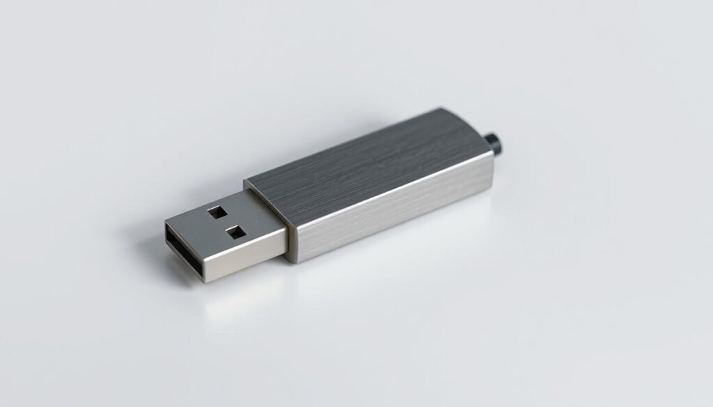 A sleek, modern USB flash drive against a minimalist background. The drive has a brushed metal casing, with clean lines and a subtle sheen. It rests on a plain, off-white surface, casting a soft, ambient shadow. Gentle, directional lighting from the left side accentuates the curves and details of the device, creating a sense of depth and dimension. The overall mood is one of simplicity, functionality, and security - reflecting the practical yet essential nature of USB encryption.